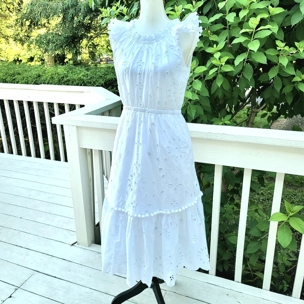 New! J Crew 6, 8 White Eyelet A-Line Summer Dress Ruffled Sleeves NWT
